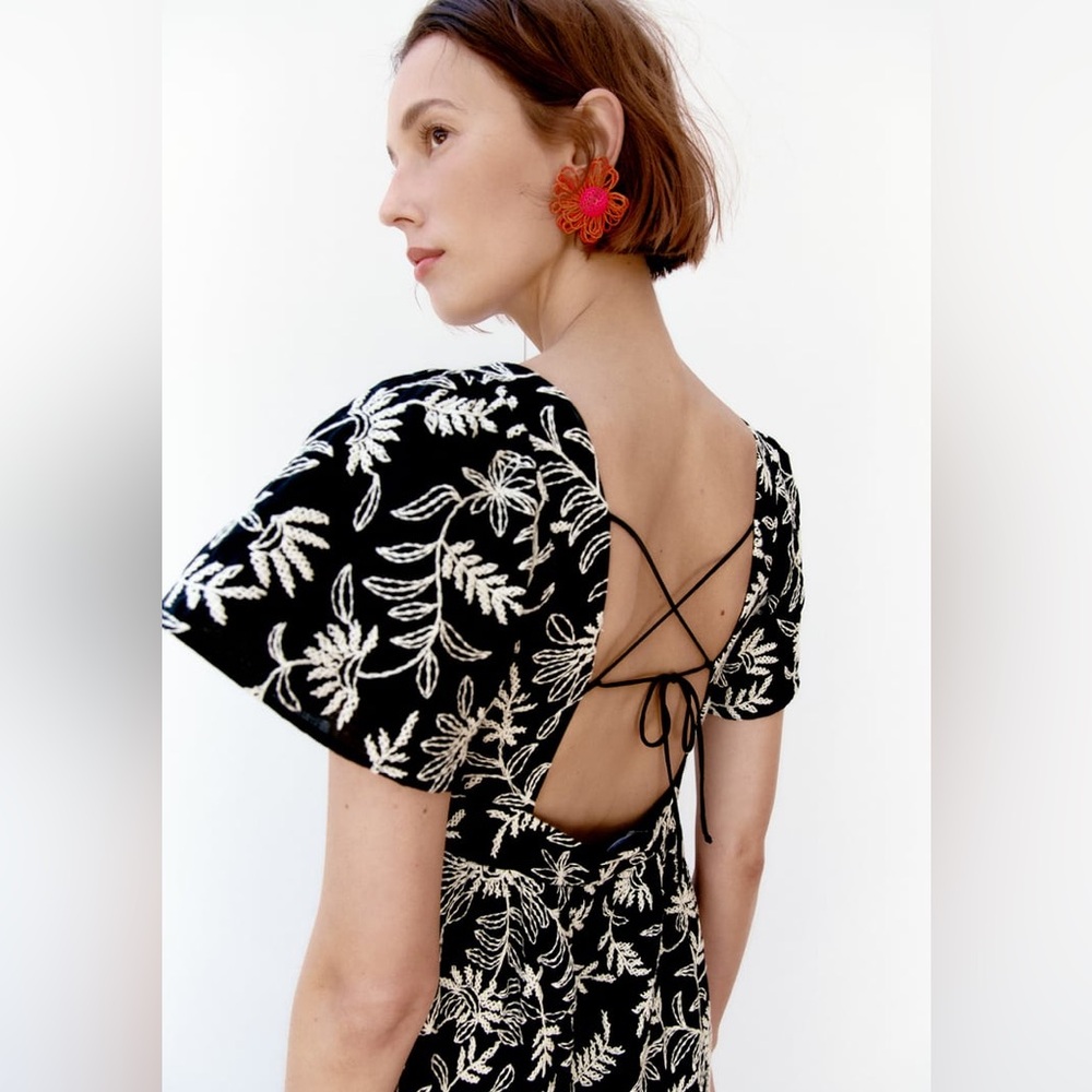 NWT ZARA Black Embroidered Midi Dress